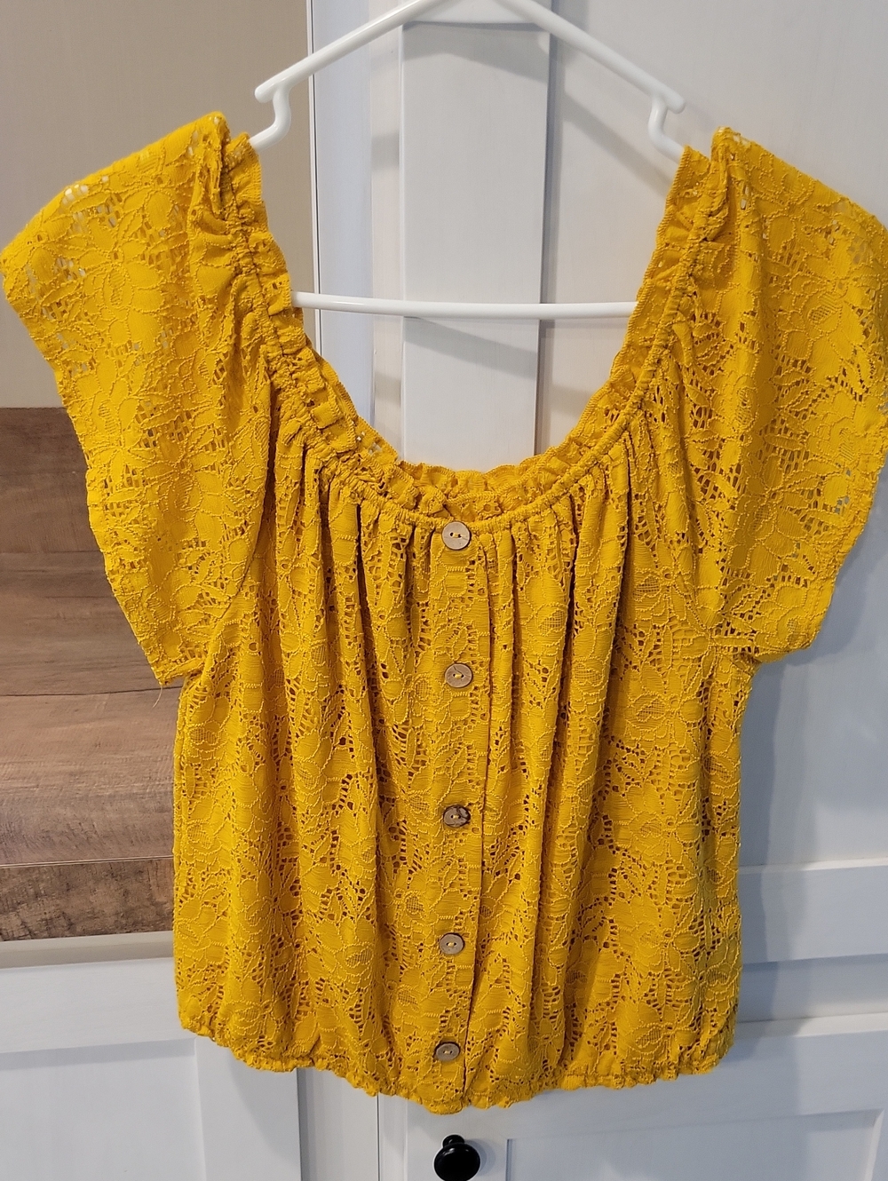 No Boundaries Yellow Lace Button-Front Peasant Top